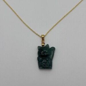 Dark‎ Green Lucky Cat Burma Jade Pendant